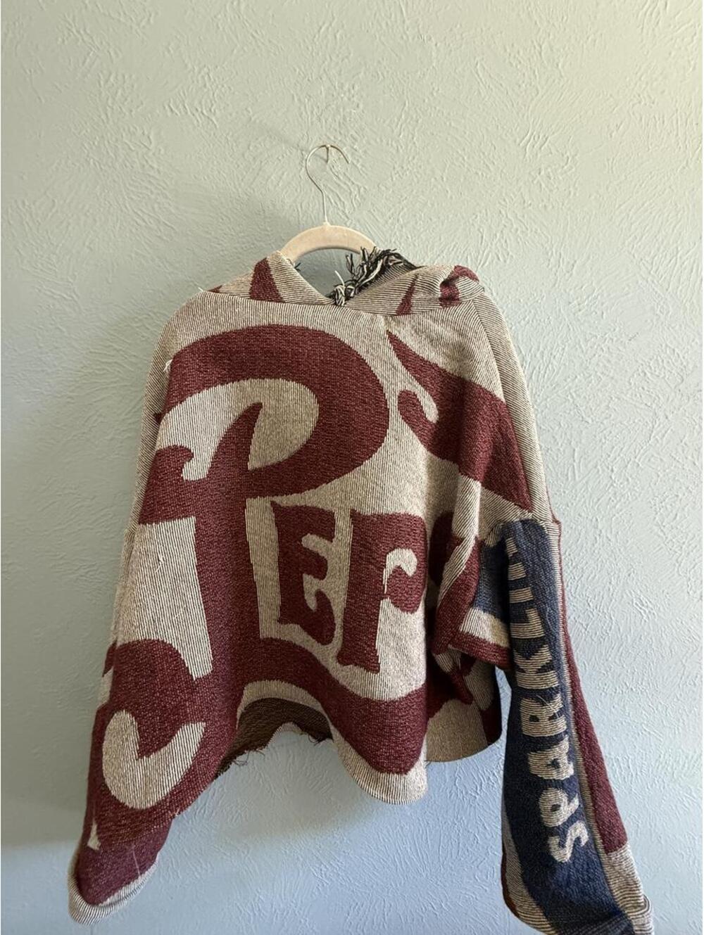Handmade tapestry blanket Pepsi cola sweatshirt hoodie upcycled red blue grey